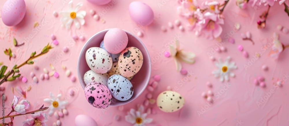Aufkleber Top view Easter-themed flat lay with colored quail eggs as decoration on a background leaving room for additional elements in the image.