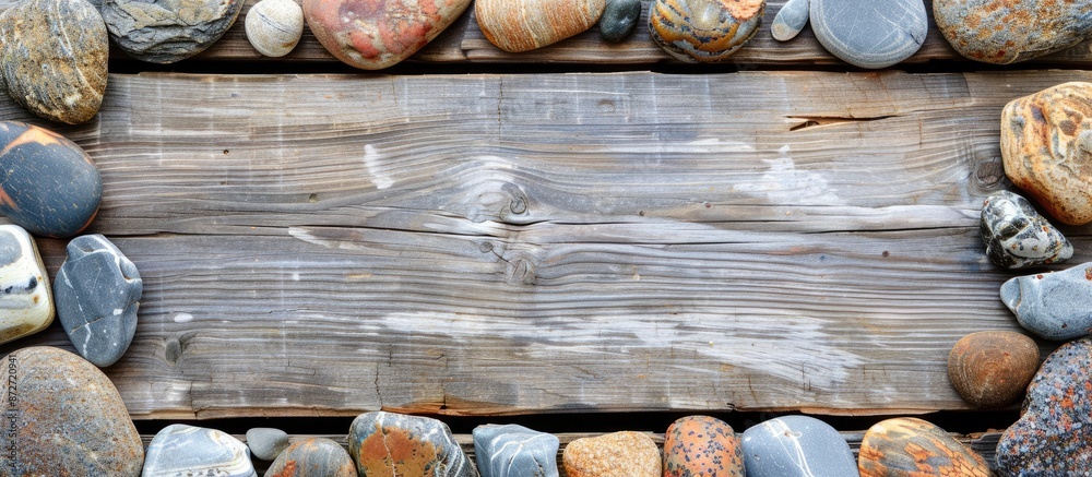 Poster wooden background with sea stones creating a frame, ideal for a copy space image.