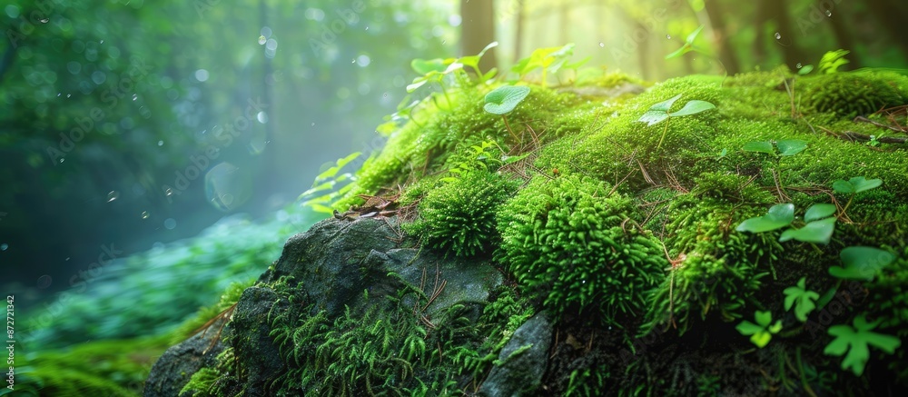 Poster Lush foliage slowly overtakes moss-covered rock in the wilderness, creating a serene Copy Space image evoking survival themes.