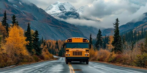 Obraz premium School Bus on Scenic Mountain Road in Autumn 