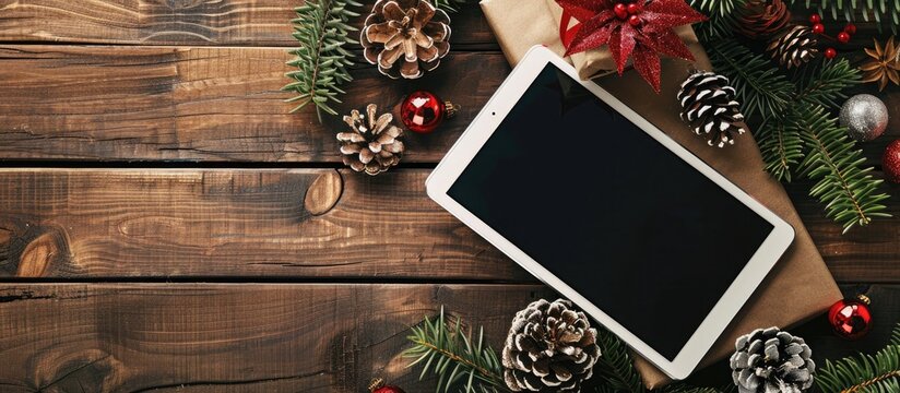 A digital tablet mockup displayed with festive Christmas decorations on a rustic wooden background in a top-view angle, featuring ample copy space image.