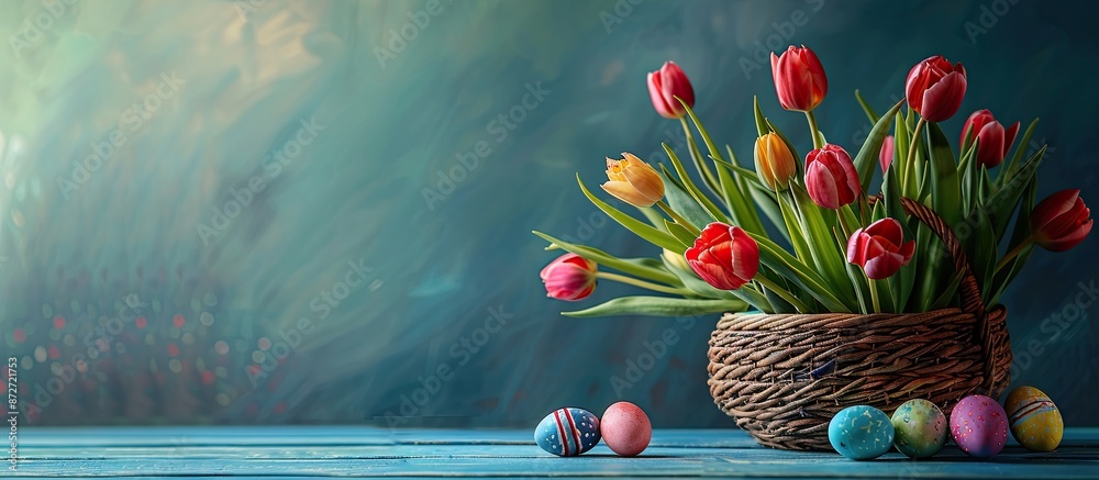Poster An Easter-themed arrangement featuring tulips and a basket filled with colorful painted eggs, leaving room for additional elements in the copy space image.