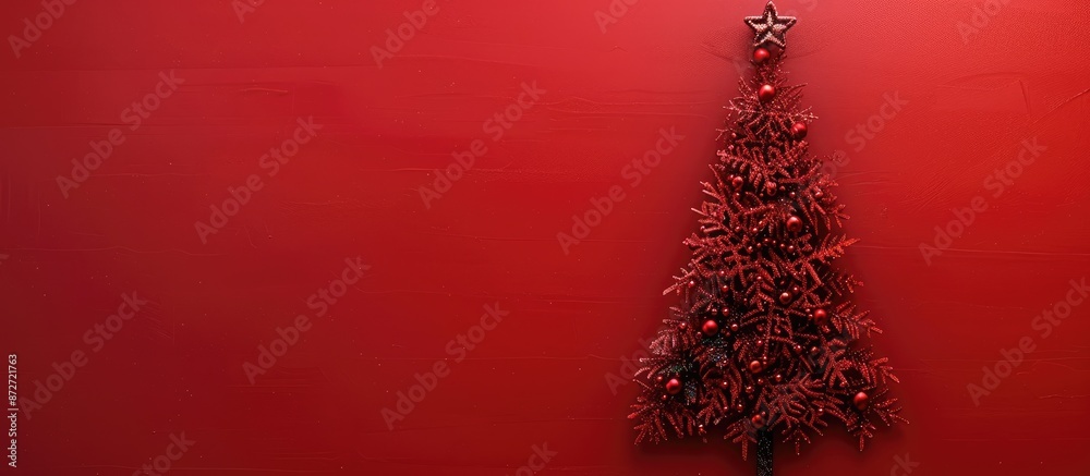 Poster Red Christmas tree on a red background in a flat layout greeting card, representing the concept of New Year and winter holidays with free copy space image available.