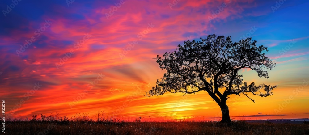 Poster A stunning sunset landscape with a beautiful tree and branch silhouette against the colorful sky, perfect for adding text with copy space in the image.