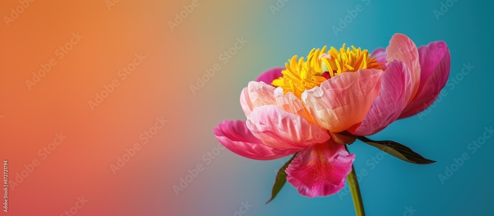 Poster peony flower against colorful backdrop with copy space image.