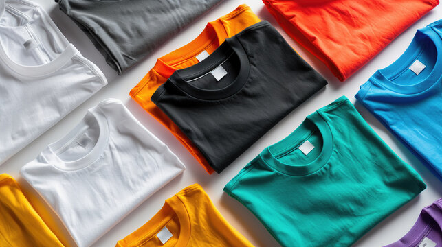 Various colorful folded t-shirts arranged neatly in rows on a white surface. Fashion retail, clothing store display, apparel merchandising, textile industry, wardrobe essentials.