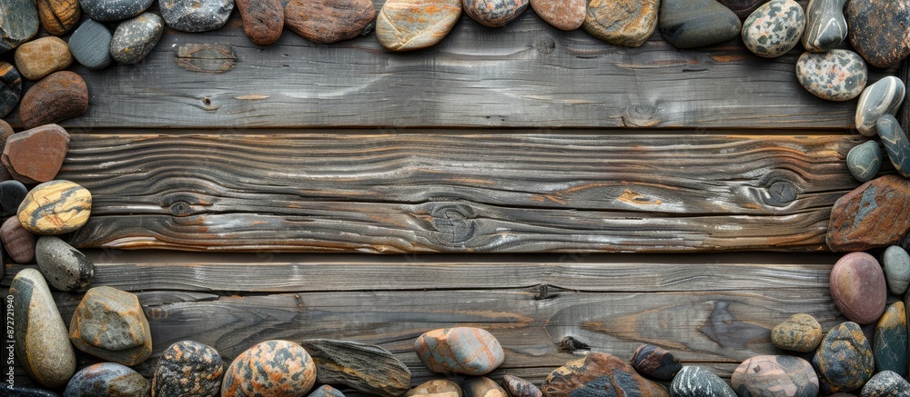 Poster wooden background with sea stones creating a frame, ideal for a copy space image.