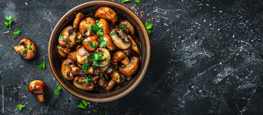 Poster top view of a bowl with delectable marinated mushrooms on a dark table, featuring copy space image.