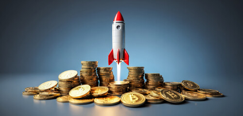 Rocket launch from coin stack on blue background symbolizing explosive financial growth, cryptocurrency investment success, and dynamic income increase