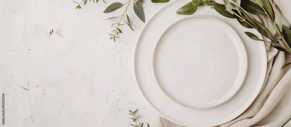 Poster top view flat lay with a copy space image featuring an empty plate, cloth, and space for your meal t