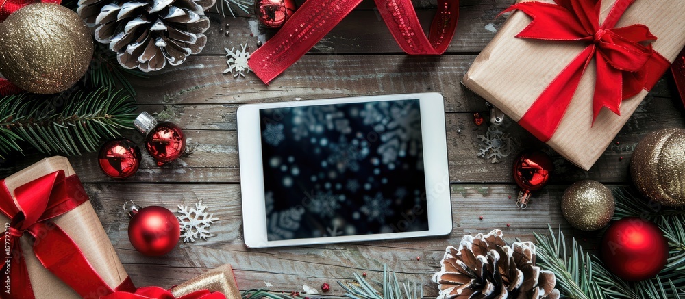 Aufkleber A digital tablet mockup displayed with festive Christmas decorations on a rustic wooden background in a top-view angle, featuring ample copy space image.