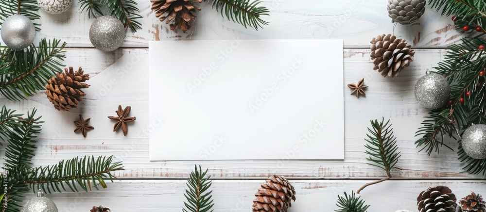 Poster A white card is displayed against a backdrop of fir branches with cones and Christmas ornaments on a white wooden surface in a mock-up with copy space image.
