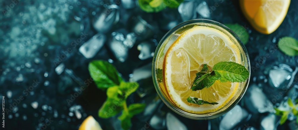 Poster top view of a homemade drink with a lemon and mint, displayed against a copy space image.