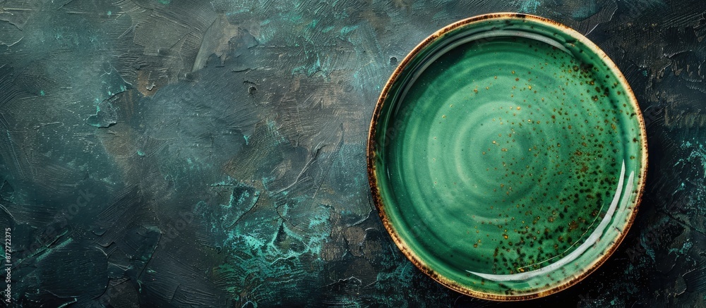 Poster top view of an antique green plate on a dark, textured table with copy space image. ideal for menus 