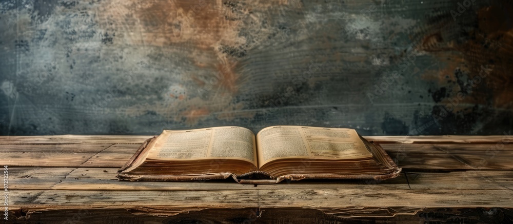 Aufkleber An antique book rests on a rustic wooden table with empty space around for a copy space image.