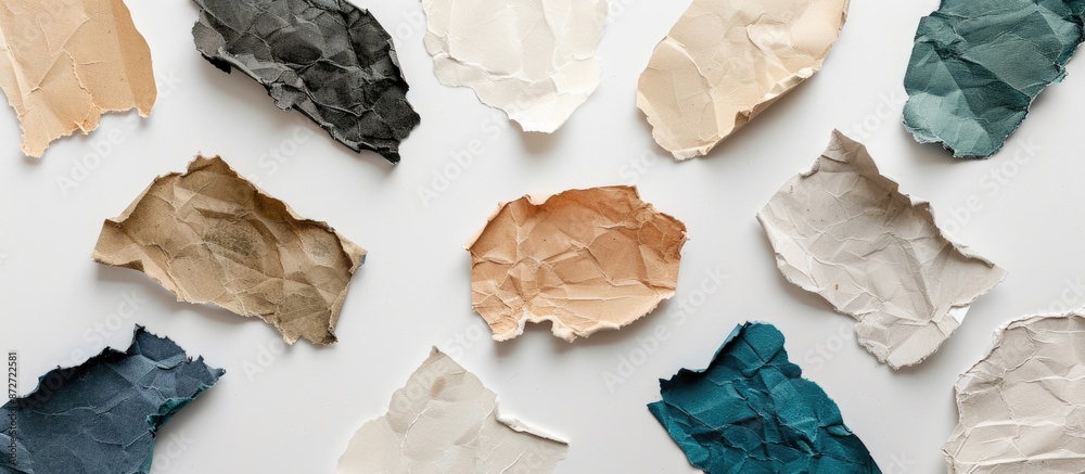Aufkleber assortment of torn paper pieces on a white backdrop with copy space image.