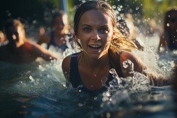 Fototapeta premium Elite swimmers showcasing exceptional skill and speed in high level competitive race
