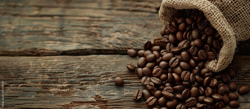 Poster Coffee beans in a burlap bag on a rustic wooden surface with a blank area for text or images in the backdrop. copy space available