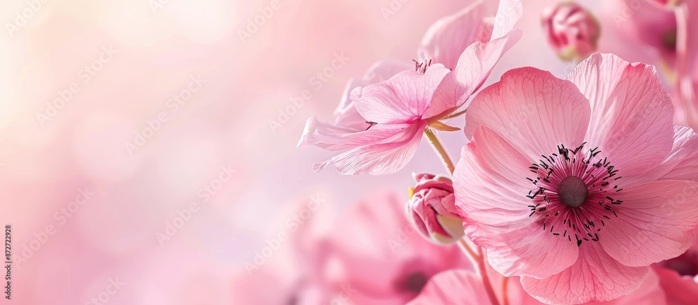 Poster pink flower in full bloom with an area for text or images. copy space available