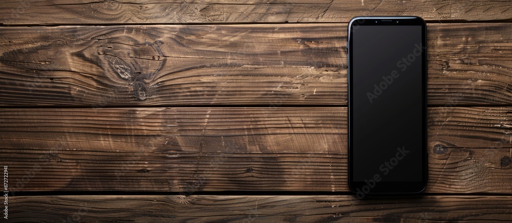 Poster smartphone on a wooden table with copy space image.