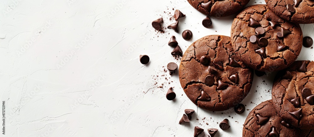Poster Chocolate cookies on a white background with room for text or elements. copy space available
