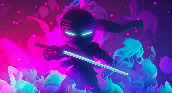 ninja samurai neon black background, footage, 4k footage, videos, video clip, short video
