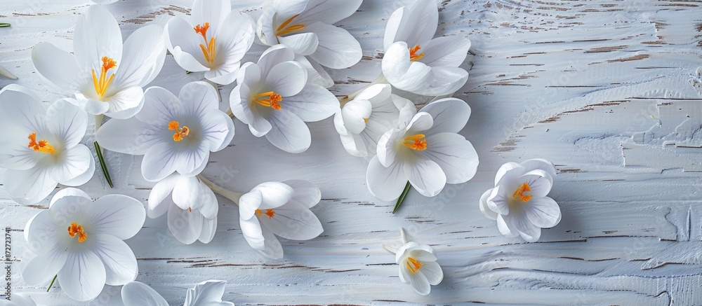 Aufkleber white crocuses displayed on a white wooden backdrop symbolize the arrival of spring and blooming flo