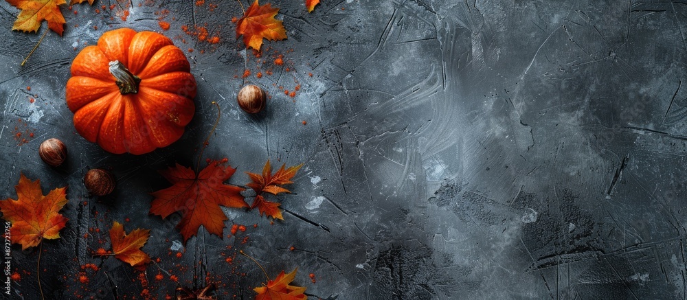 Poster autumn theme decor featuring pumpkin and autumn leaves on a stone backdrop. top view with ample copy