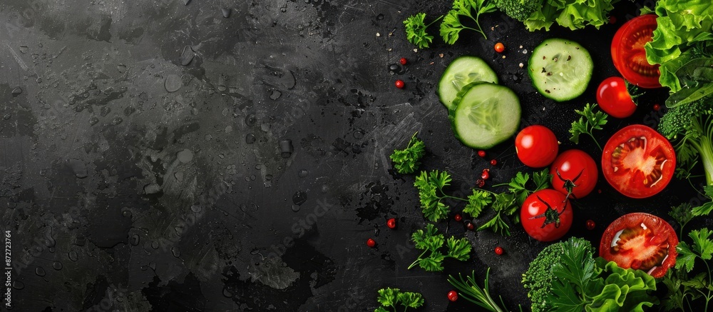 Poster top view of summer green salad ingredients like red tomatoes, cucumbers, and parsley on a black back