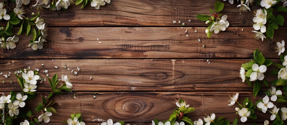 Poster wooden background with a lovely blossoming branch in the copy space image.