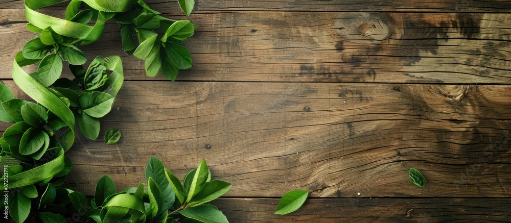 Poster an aged wooden board with a natural wood texture is adorned with a green leaf ribbon frame in a copy