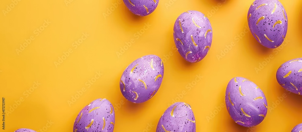 Poster Easter and spring-themed purple paper eggs on a yellow surface viewed from above with space for text or an image. copy space available
