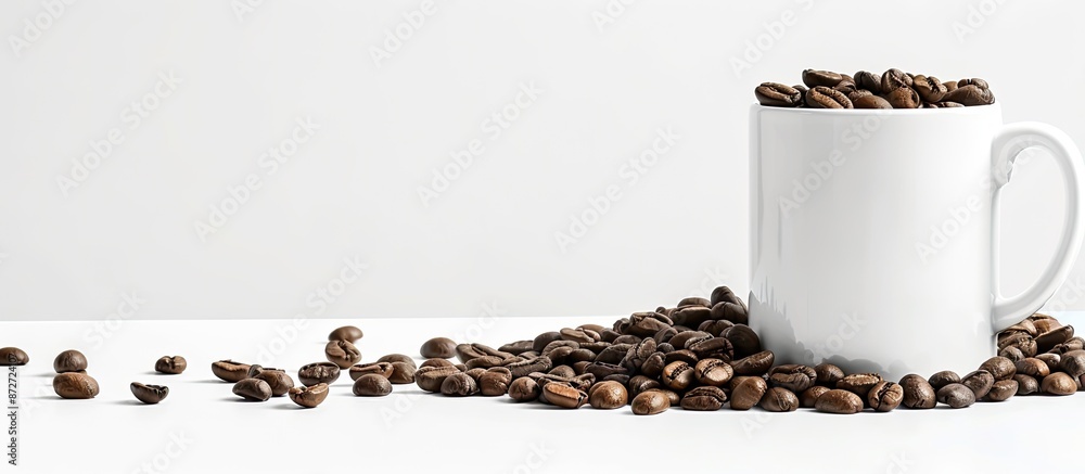 Poster coffee beans fill a white mug against a transparent backdrop in a copy space image.