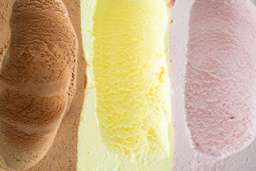 Ice cream texture Strawberry Vanilla Chocolate as a background, top view. Empty for design.