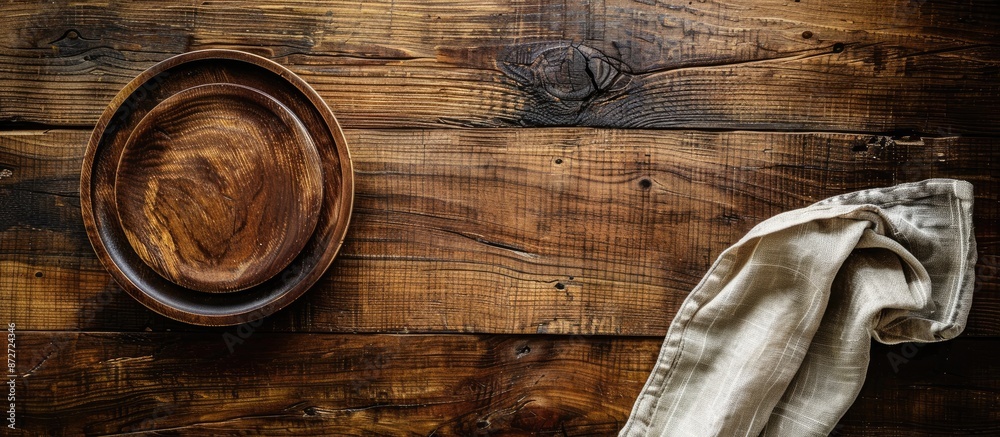 Poster brown wooden desk with a wooden plate and linen napkin, providing a rustic aesthetic and a lovely se
