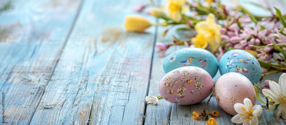 Aufkleber easter-themed decorations like painted eggs and flowers on a wooden surface create a charming greeti