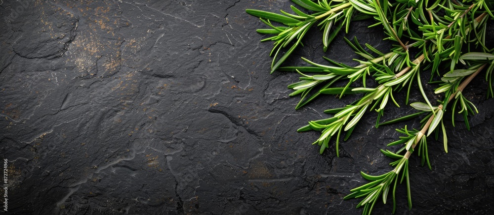 Poster Top view of rosemary herbs on a dark stone background with ample copy space image.