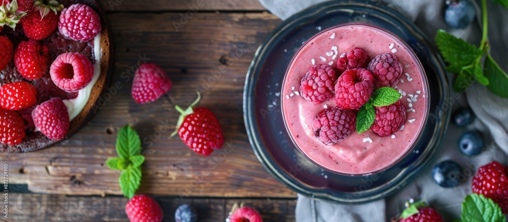 Aufkleber Top view of a wooden table with a raspberry smoothie, cake, and berries, providing copy space in the image.