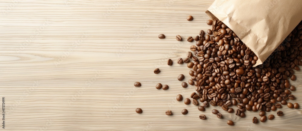 Aufkleber top-down view of coffee beans spilled from a kraft package on a light wooden surface, ideal for copy