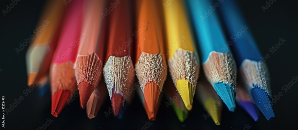 Poster Color pencils displayed on a black backdrop with selective focus in a close-up shot to highlight the details, providing a clear copy space image.