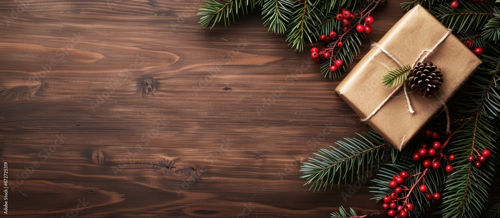 Poster wooden surface with fir tree branches, red berries, and a present box creating a festive christmas a