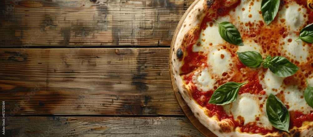 Aufkleber Top-down view image of Pizza Margherita on a wooden background with copy space included, ideal for positioning text or graphics.
