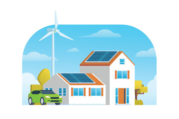 Modern Sustainable Smart House with Renewable Green Energy, Wind Turbine, and Solar Panel. Vector Illustration