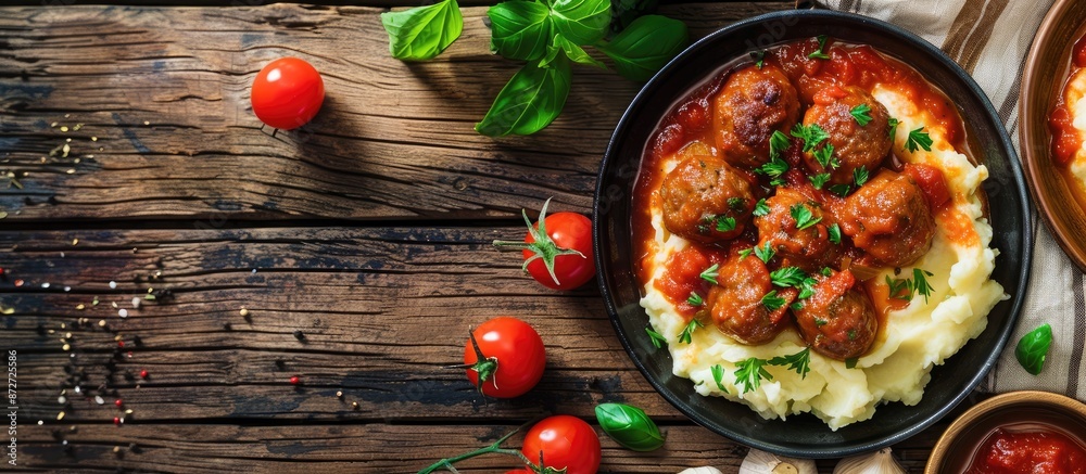 Poster A rustic wooden table presents a top view of homemade meatballs with tomato sauce and mashed potatoes, creating a traditional meal with a copy space image.