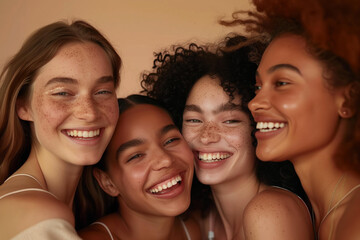 Fototapeta premium group of multiethnic female models with different skin tones in a studio, beige background, soft beige and pink color palette, natural lighting, happy mood, natural makeup,natural makeup, skin care 