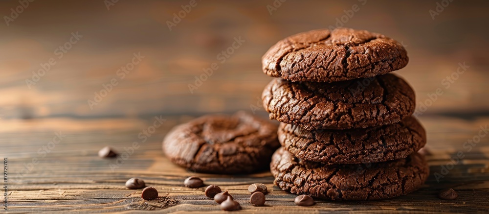 Poster pile of delicious chocolate cookies on a wooden table with copy space image.