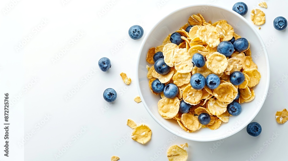 Poster delicious bowl of cornflakes with fresh blueberries. simple breakfast concept for a healthy lifestyl