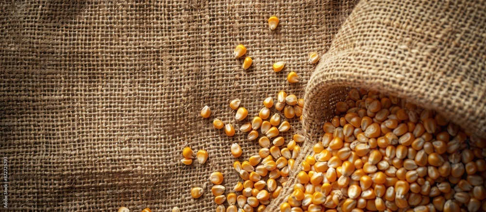 Poster Top view of corn grains on a burlap background with copy space image available for text.