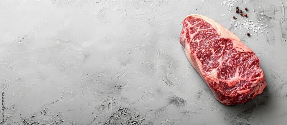 Poster top view of japanese wagyu rib eye steak on a gray background, with a spacious copy space image.