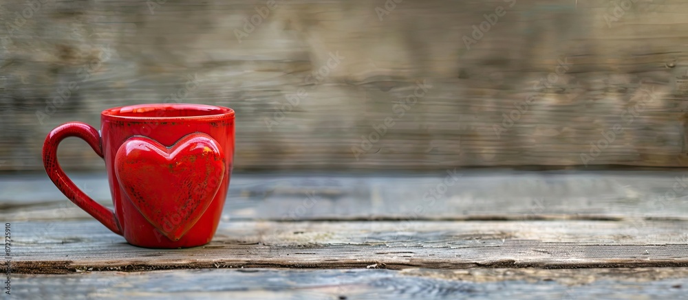 Poster selective focus point on a wooden table with a heart-shaped coffee cup, perfect for showcasing in a 